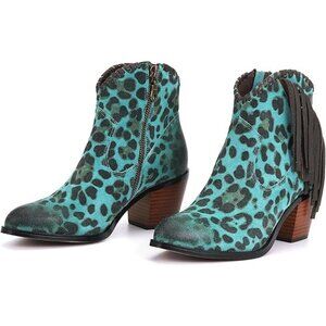 Western Cowgirl Ankle Boots Size 6 Turquoise Leopard Cattle Leather Fringe
